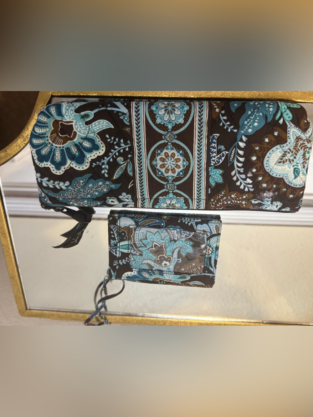 Quilted Paisley Wristlet Cardholder in Teal & Brown Bundle